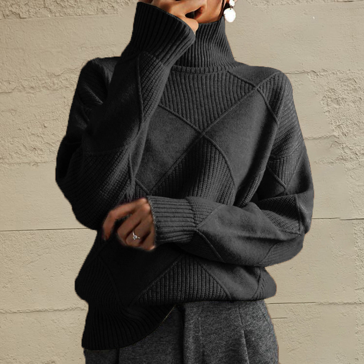 Get trendy with Geometric Turtleneck Long Sleeve Sweater - Sweaters available at Styles Code. Grab yours today!