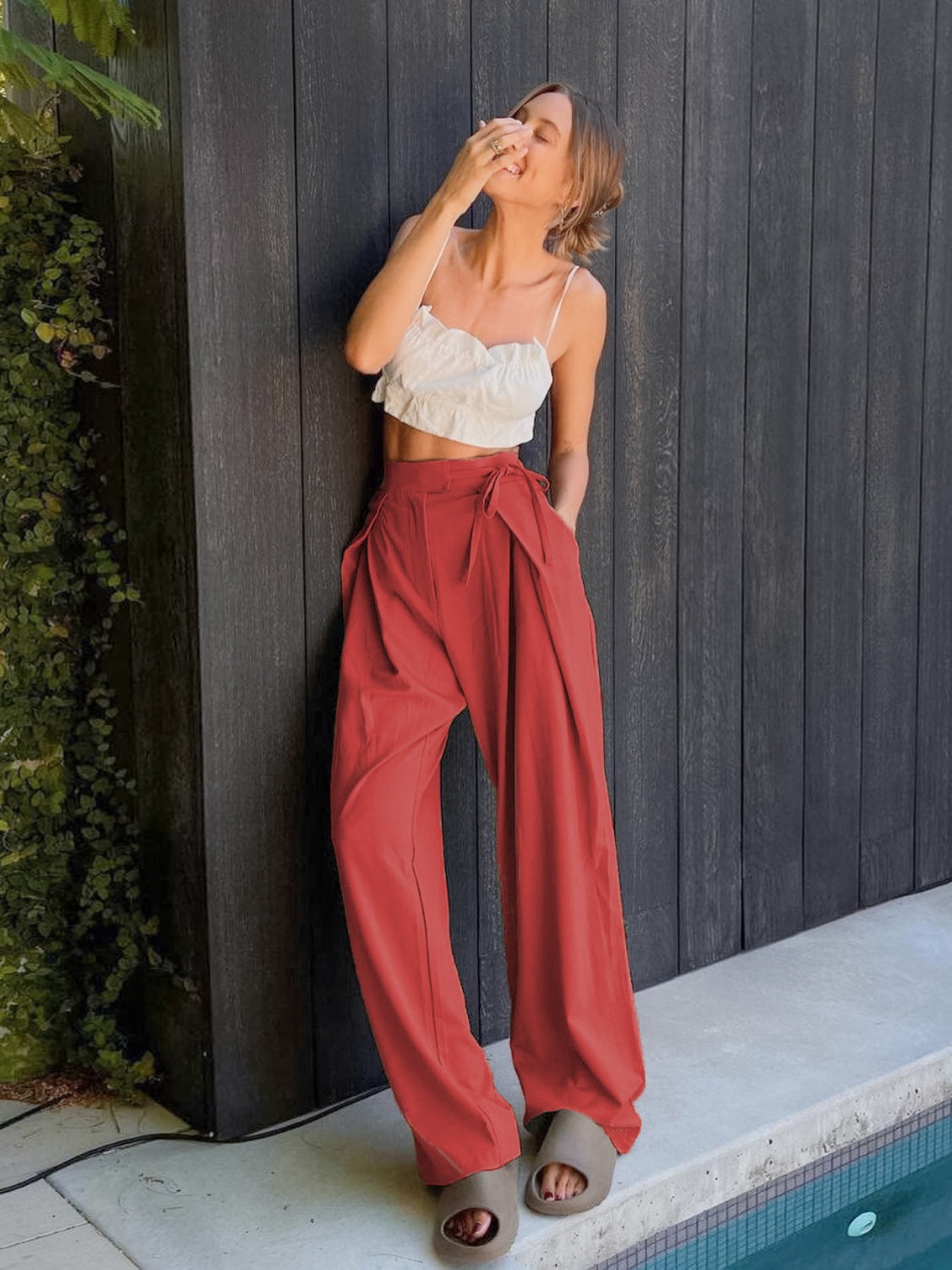 Get trendy with Tied High Waist Wide Leg Pants - Pants available at Styles Code. Grab yours today!