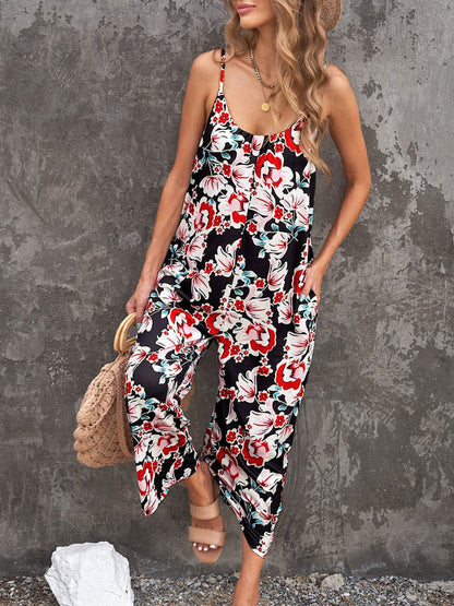 Get trendy with Printed Spaghetti Strap Jumpsuit with Pockets - Jumpsuit available at Styles Code. Grab yours today!