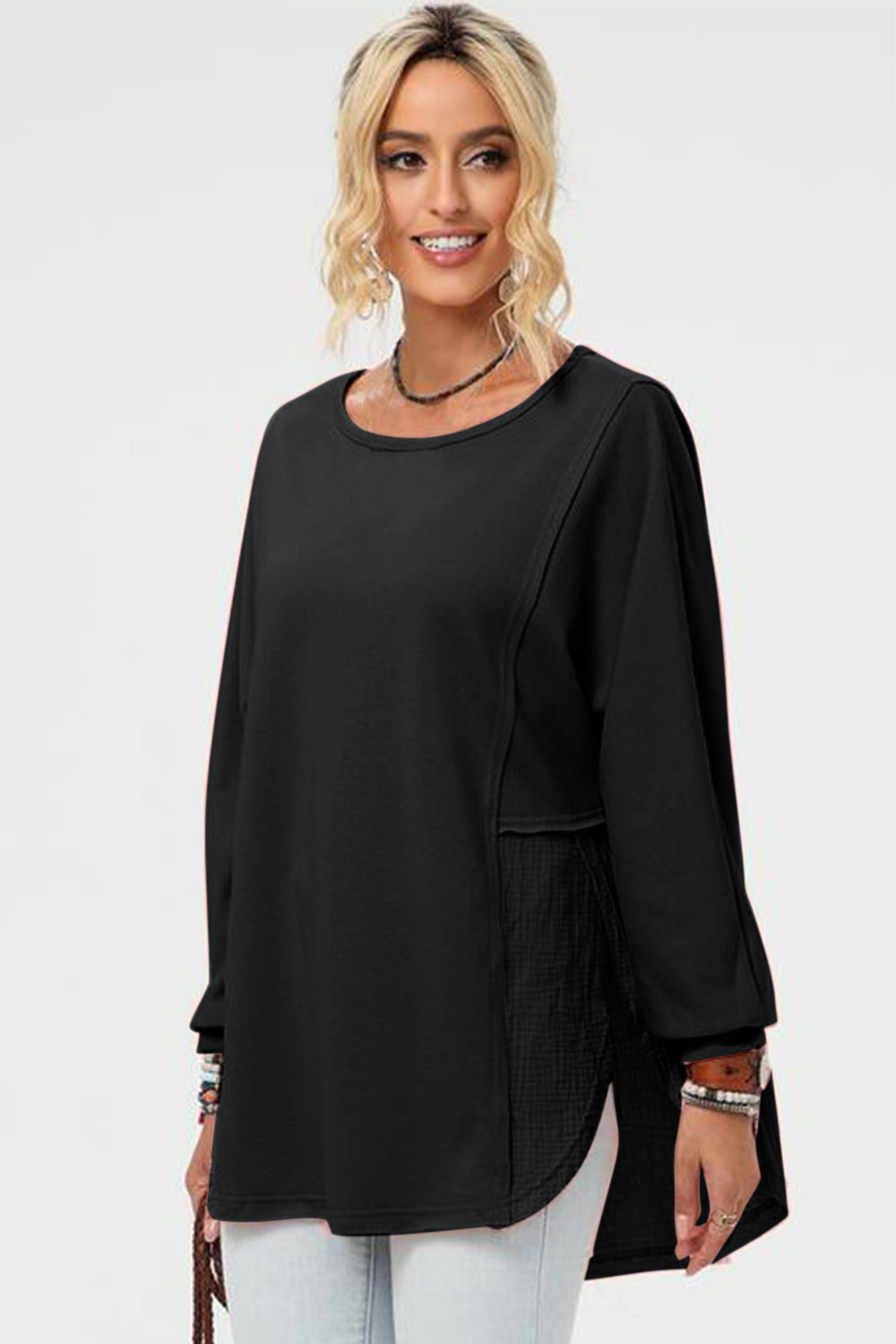 Get trendy with Full Size Long Sleeve High-Low T-Shirt -  available at Styles Code. Grab yours today!