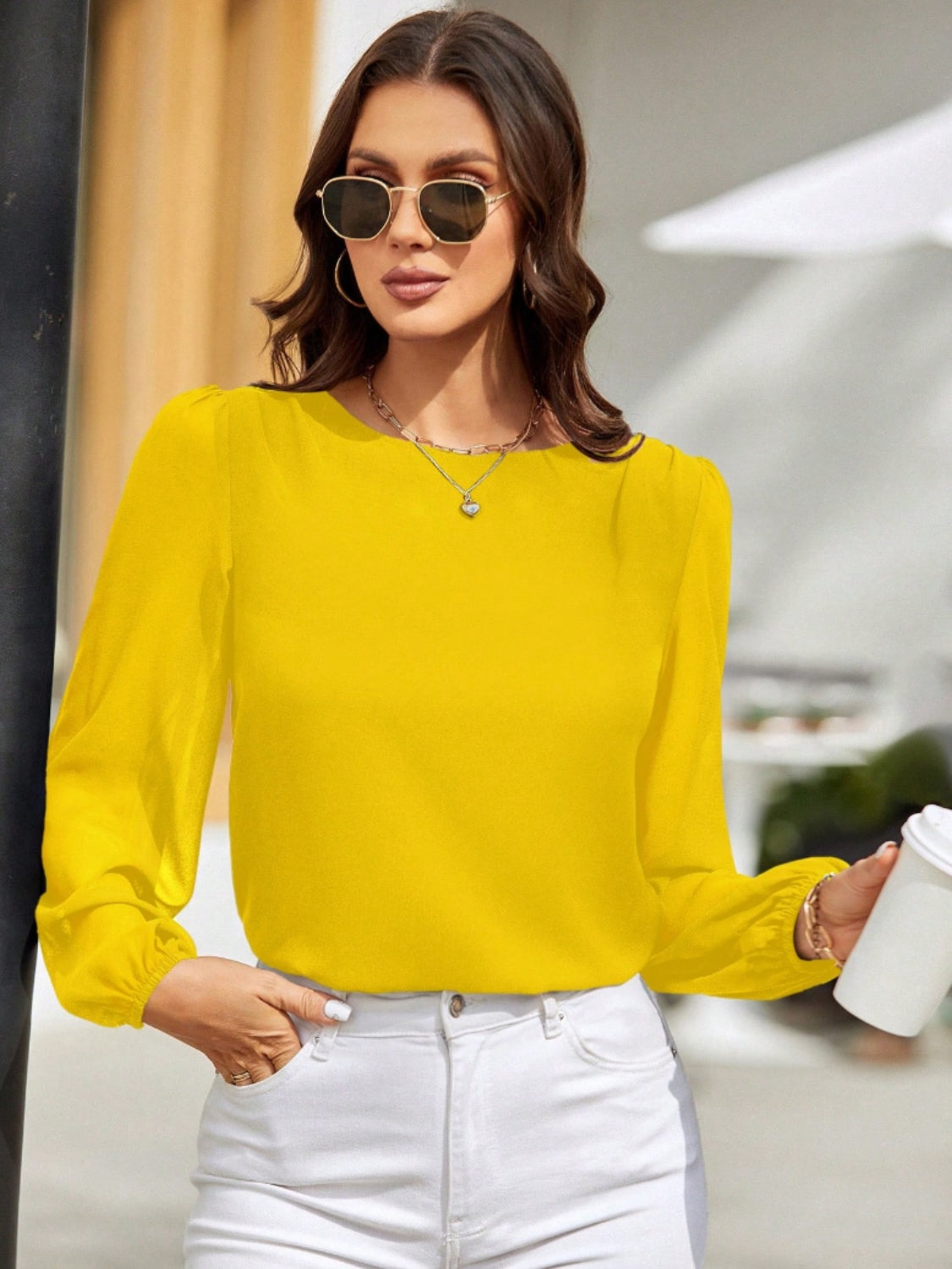 Get trendy with Round Neck Balloon Sleeve Blouse - Blouse available at Styles Code. Grab yours today!