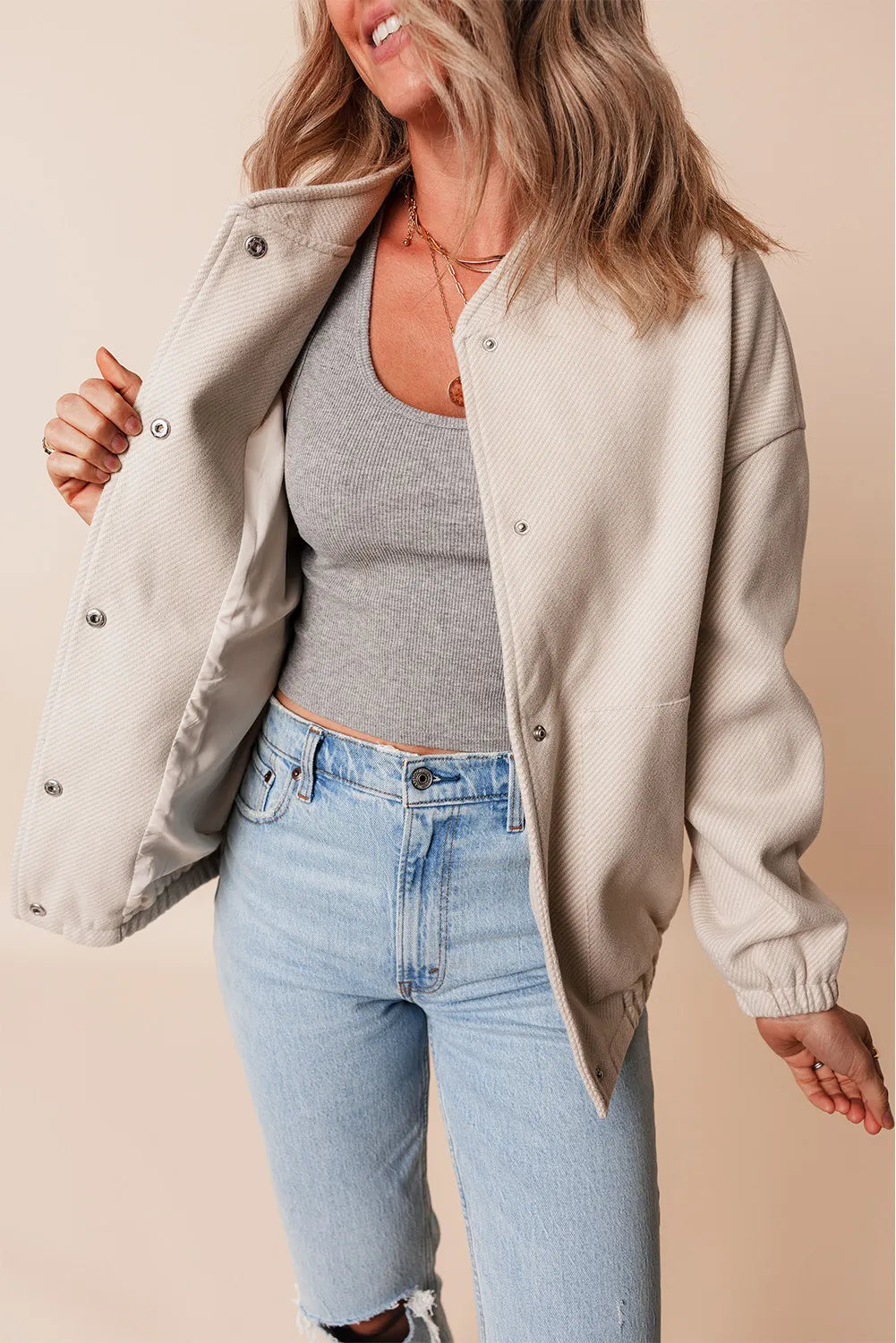 Get trendy with Snap Down Long Sleeve Jacket -  available at Styles Code. Grab yours today!