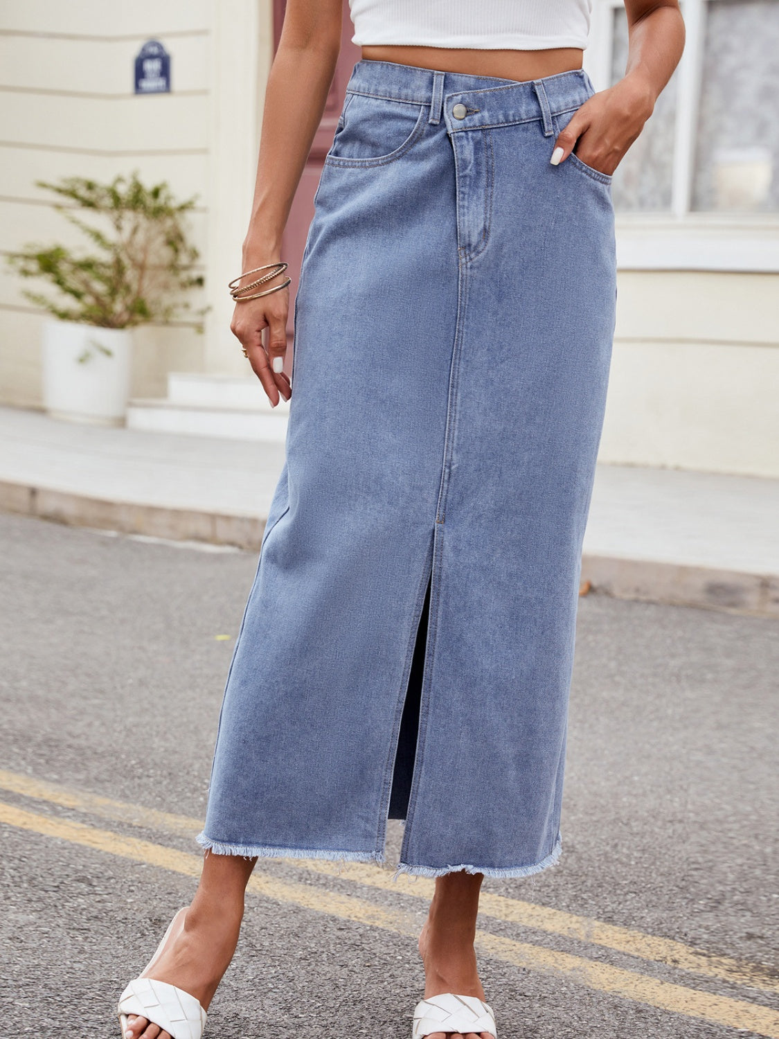 Get trendy with Slit Asymmetrical Waist Denim Skirt - Skirts available at Styles Code. Grab yours today!