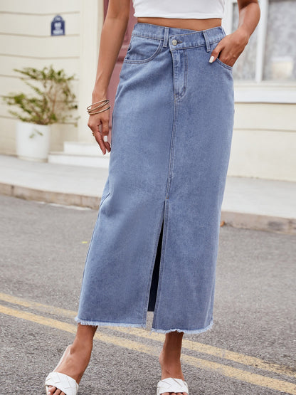 Get trendy with Slit Asymmetrical Waist Denim Skirt - Skirts available at Styles Code. Grab yours today!