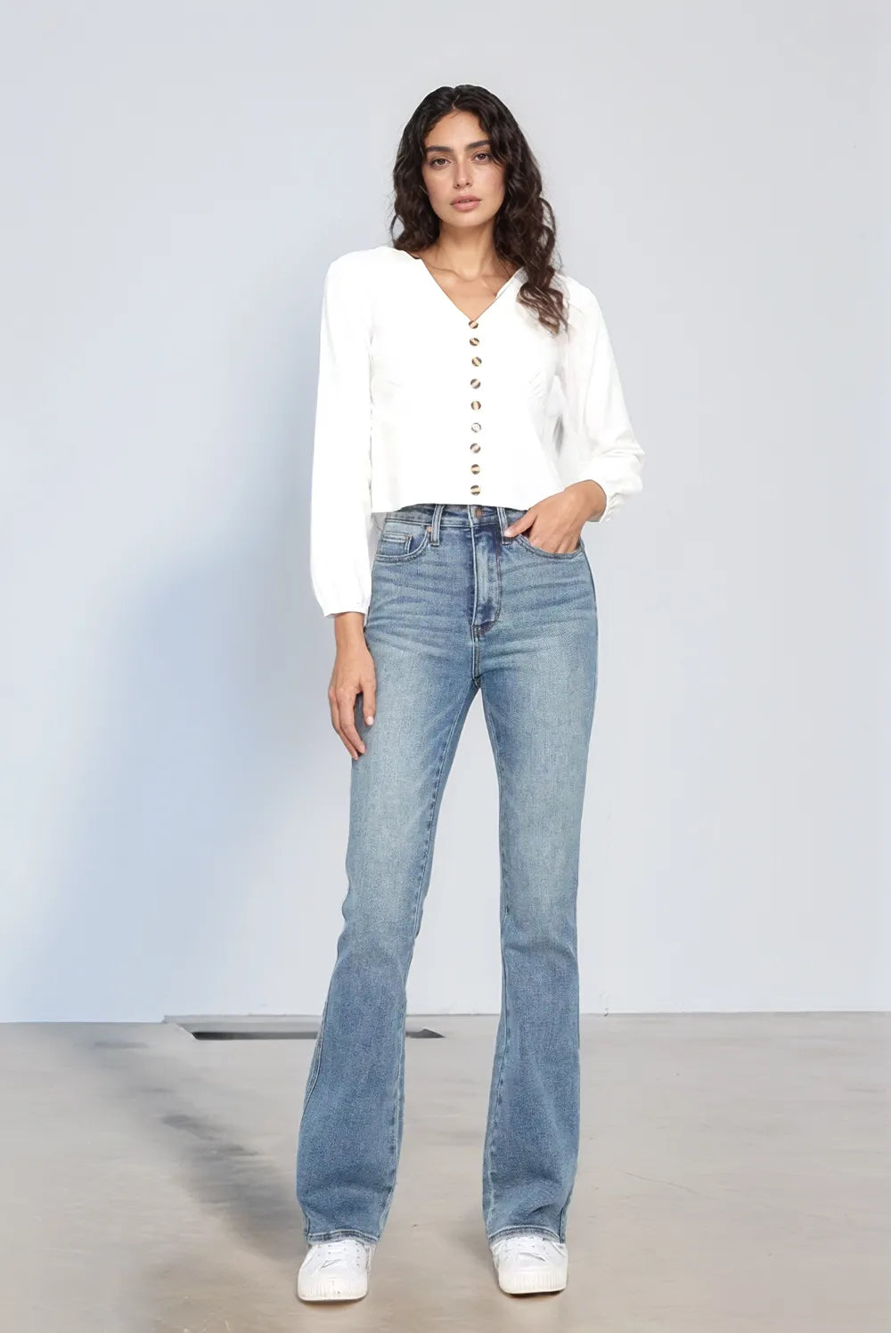 Get trendy with Full Size Tummy Control Bootcut Jeans - Jeans available at Styles Code. Grab yours today!