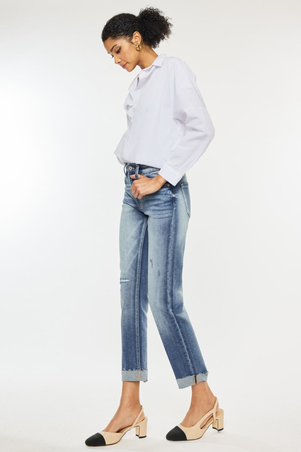 Get trendy with High Rise Cuffed Straight Jeans - Jeans available at Styles Code. Grab yours today!