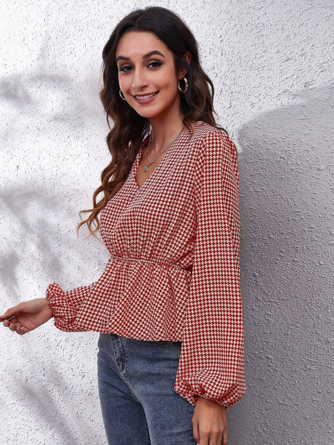 Get trendy with Ruched Printed V-Neck Long Sleeve Blouse - Blouse available at Styles Code. Grab yours today!