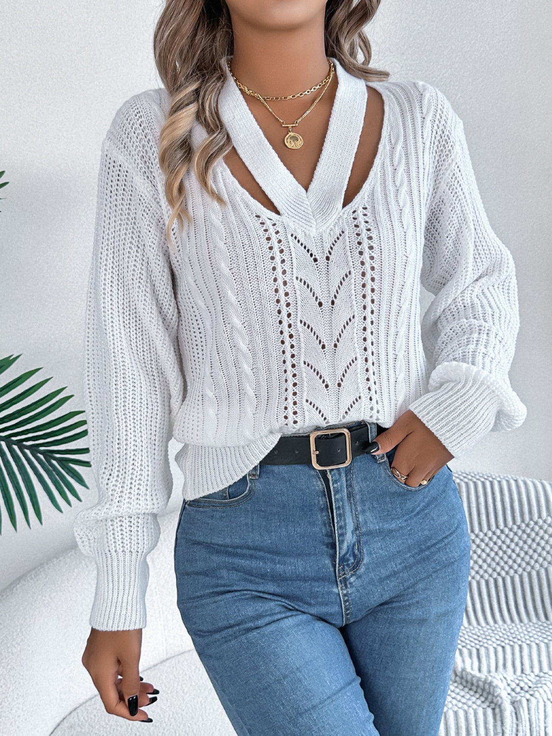 Get trendy with Cutout V-Neck Long Sleeve Sweater -  available at Styles Code. Grab yours today!