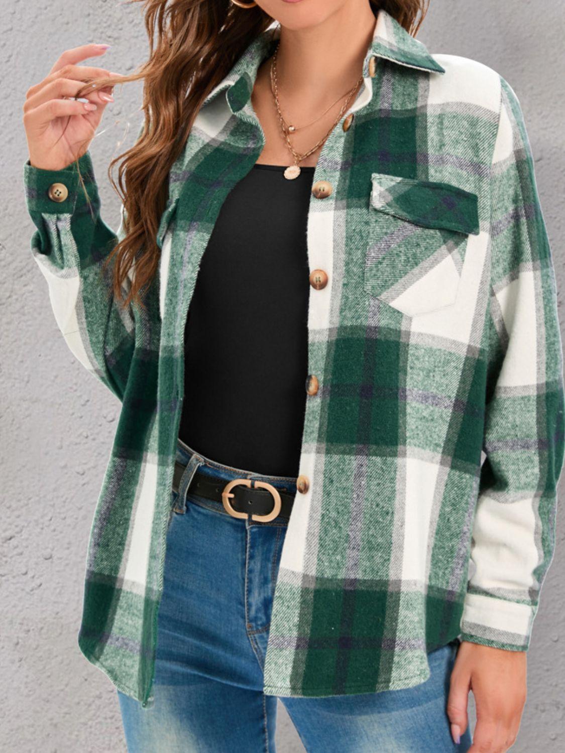 Get trendy with Full Size Pocketed Plaid Collared Neck Shacket -  available at Styles Code. Grab yours today!