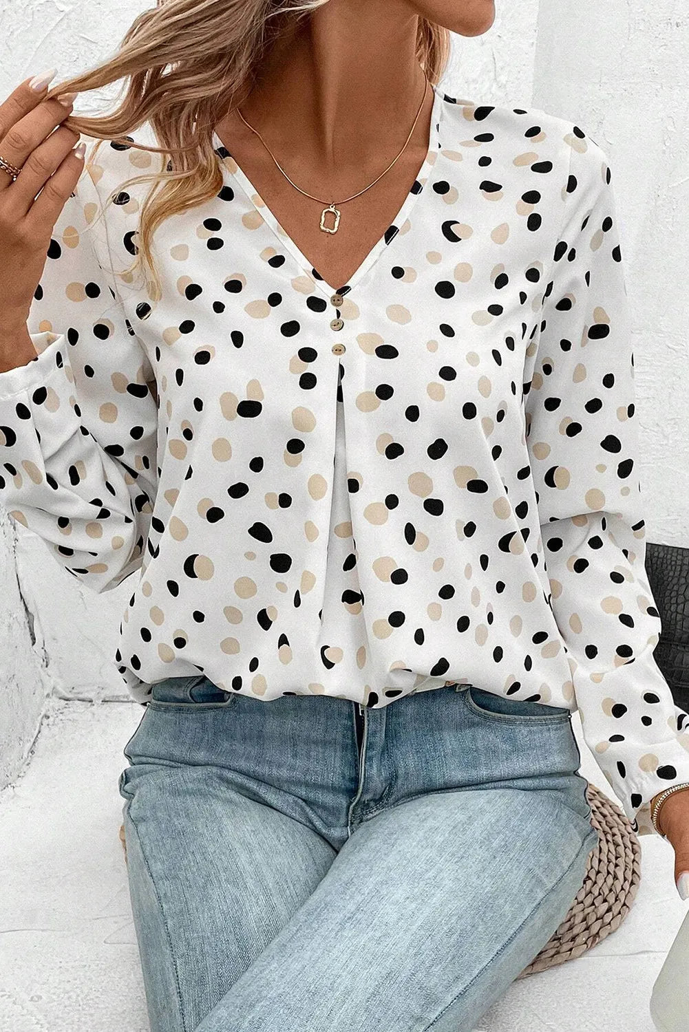 Get trendy with Printed V-Neck Long Sleeve Blouse - Blouse available at Styles Code. Grab yours today!