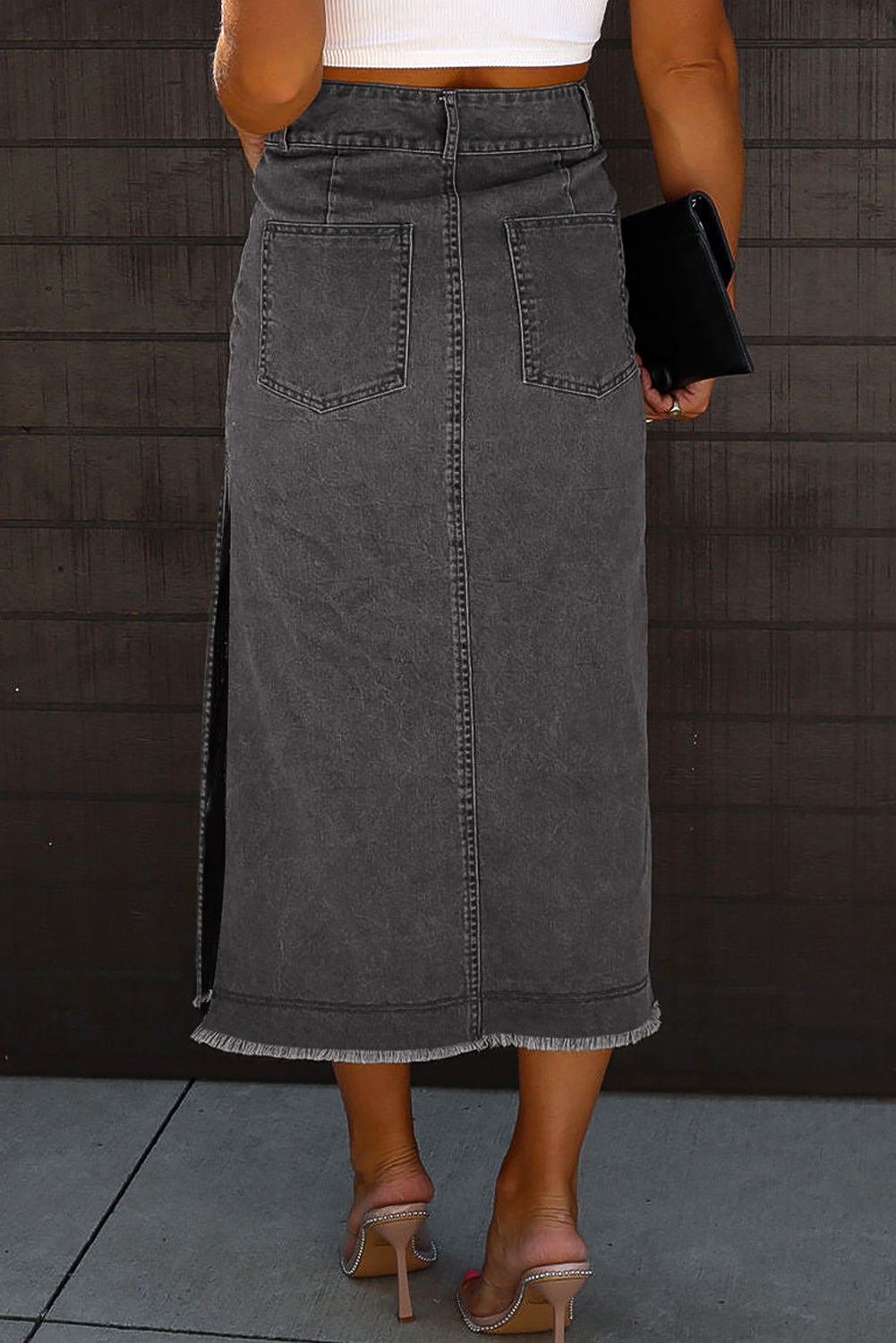 Get trendy with Raw Hem Slit Pocketed Midi Denim Skirt - Skirts available at Styles Code. Grab yours today!