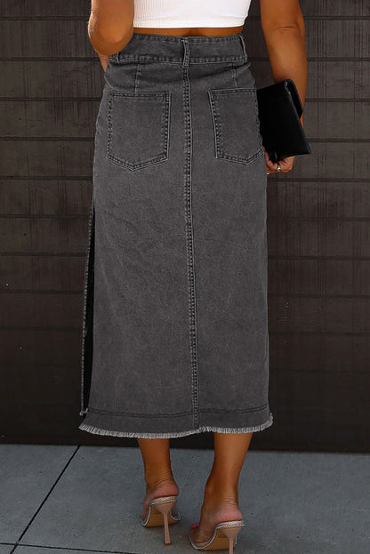 Get trendy with Raw Hem Slit Pocketed Midi Denim Skirt - Skirts available at Styles Code. Grab yours today!