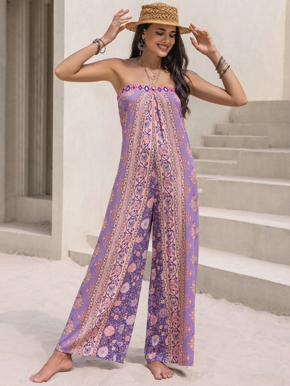 Get trendy with Tied Printed Tube Wide Leg Jumpsuit - Jumpsuit available at Styles Code. Grab yours today!