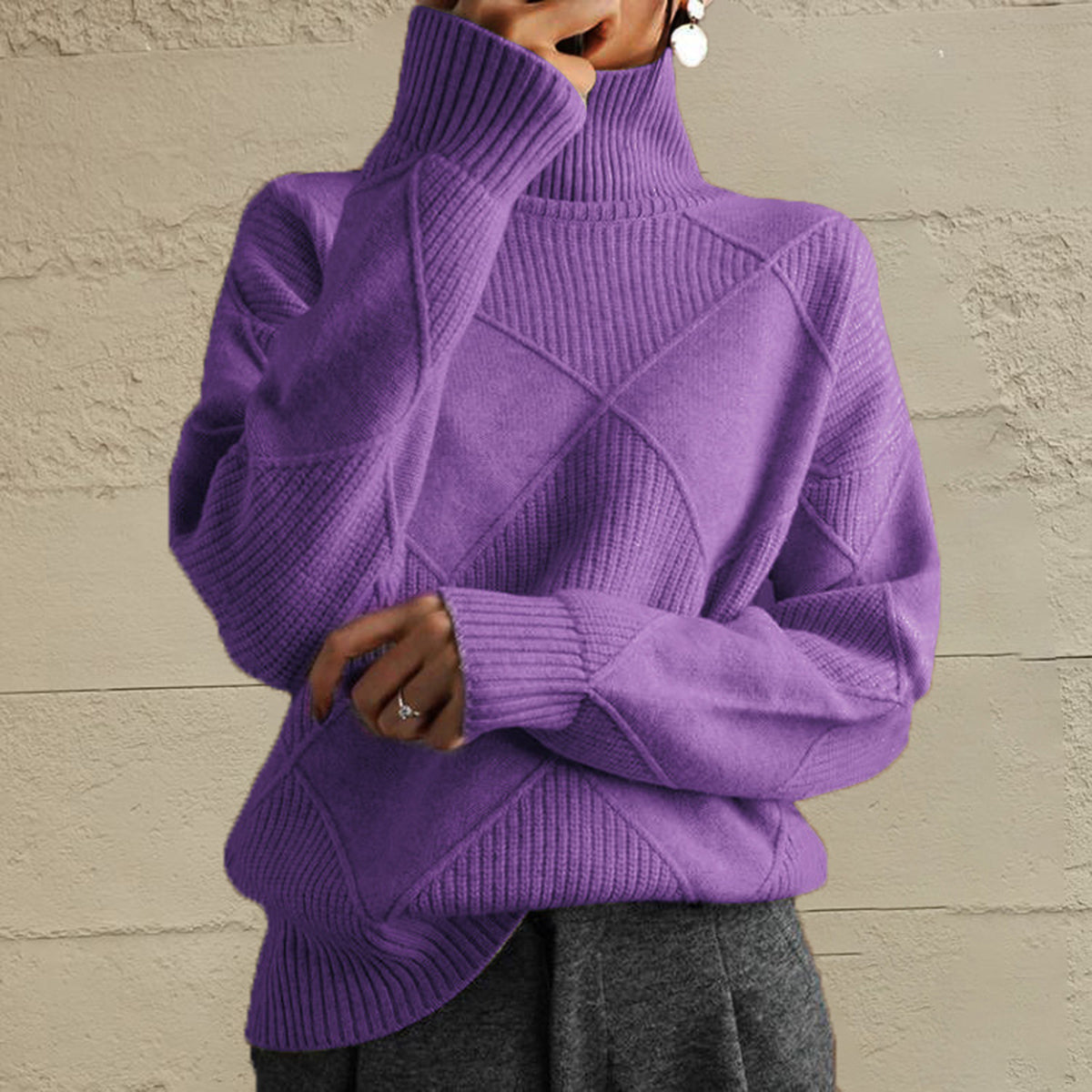 Get trendy with Geometric Turtleneck Long Sleeve Sweater - Sweaters available at Styles Code. Grab yours today!