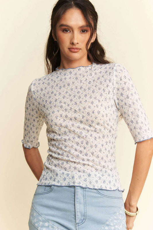 Get trendy with Lace Stretch Floral Half Sleeve Top - Top available at Styles Code. Grab yours today!