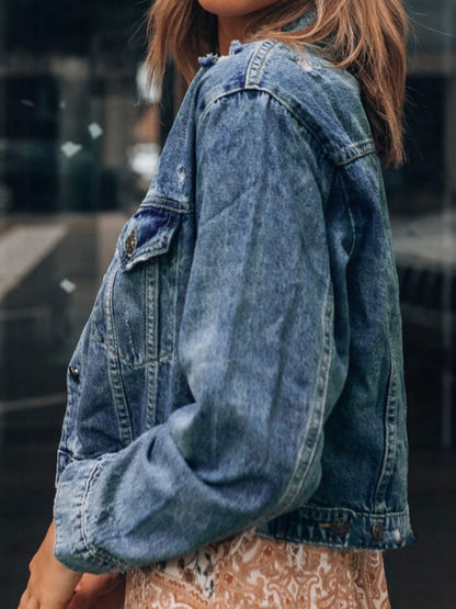 Get trendy with Collared Neck Distressed Denim Jacket - Denim Jacket available at Styles Code. Grab yours today!