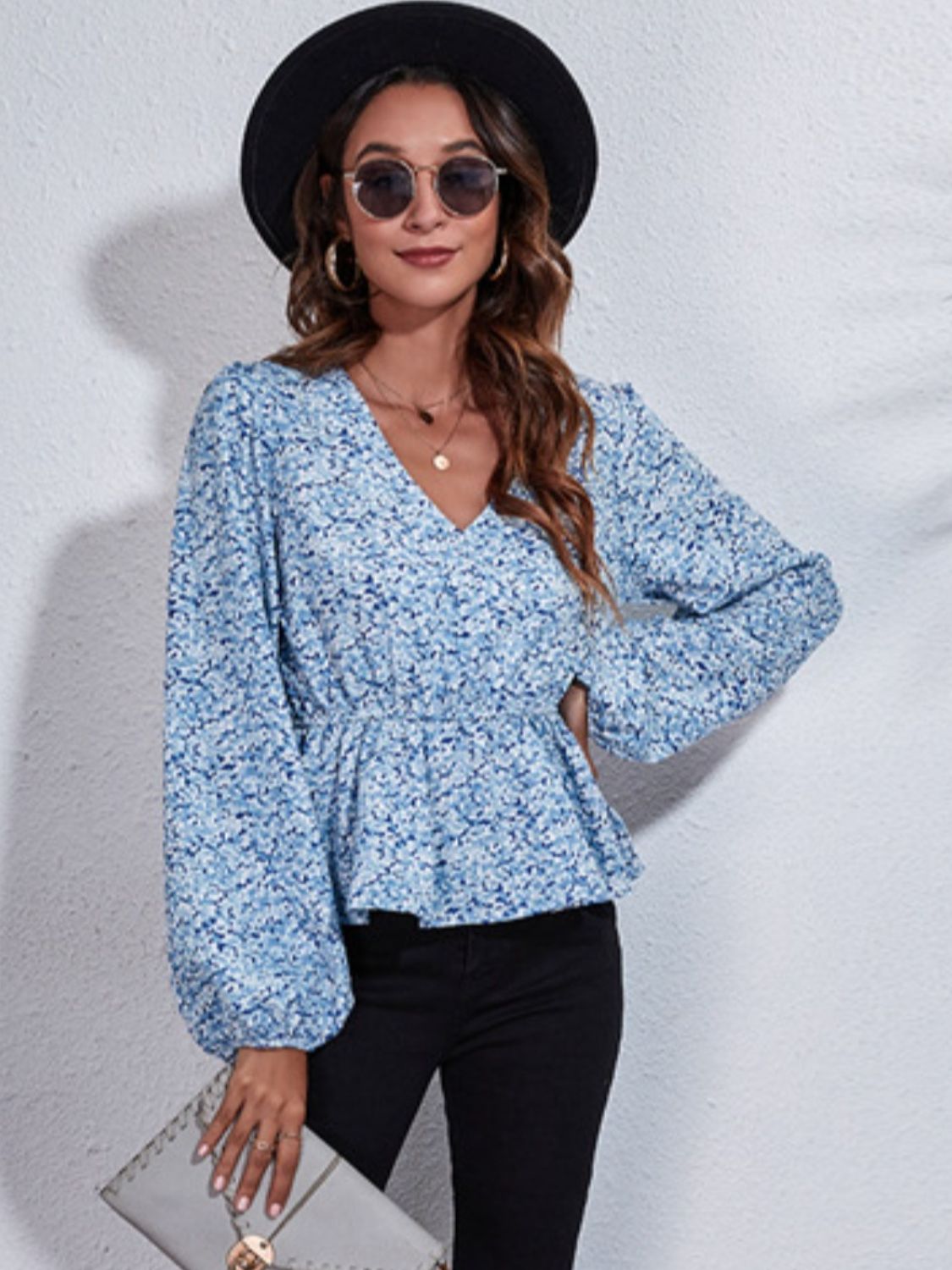 Get trendy with Ruched Printed V-Neck Long Sleeve Blouse - Blouse available at Styles Code. Grab yours today!