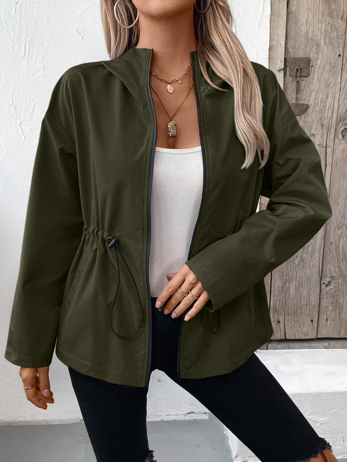 Get trendy with Drawstring Zip Up Hooded Jacket - Jacket available at Styles Code. Grab yours today!