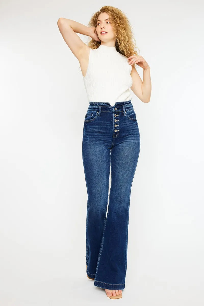 Get trendy with Button Fly Flare Jeans - Jeans available at Styles Code. Grab yours today!