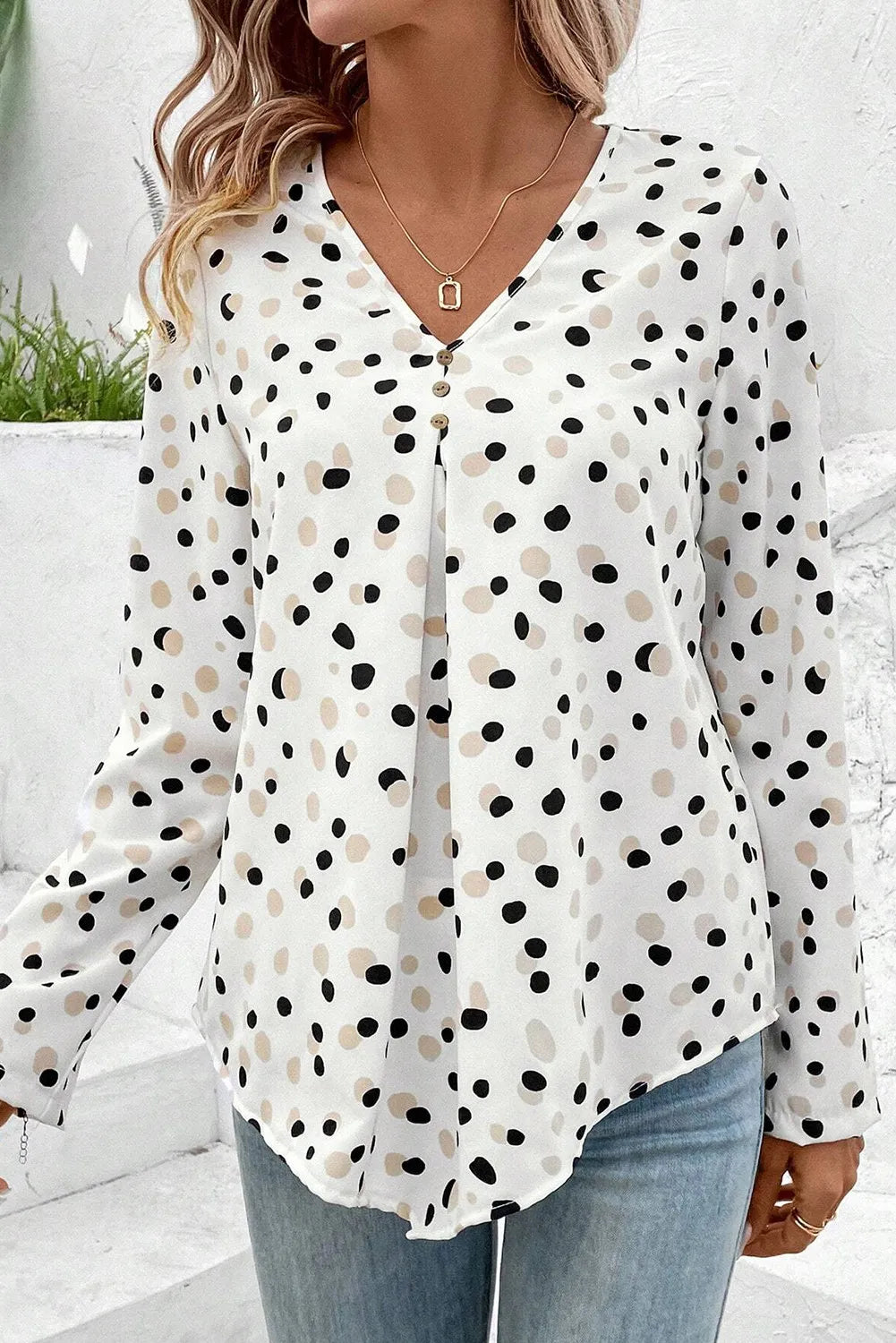 Get trendy with Printed V-Neck Long Sleeve Blouse - Blouse available at Styles Code. Grab yours today!