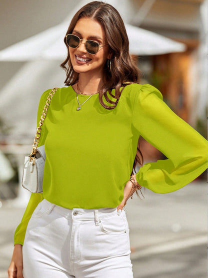 Get trendy with Round Neck Balloon Sleeve Blouse - Blouse available at Styles Code. Grab yours today!