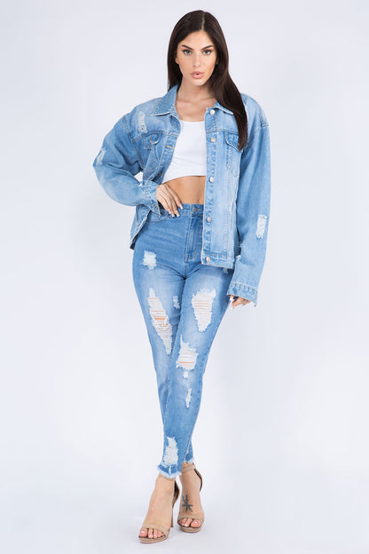 Get trendy with Full Size Distressed Denim Jacket - Denim Jacket available at Styles Code. Grab yours today!