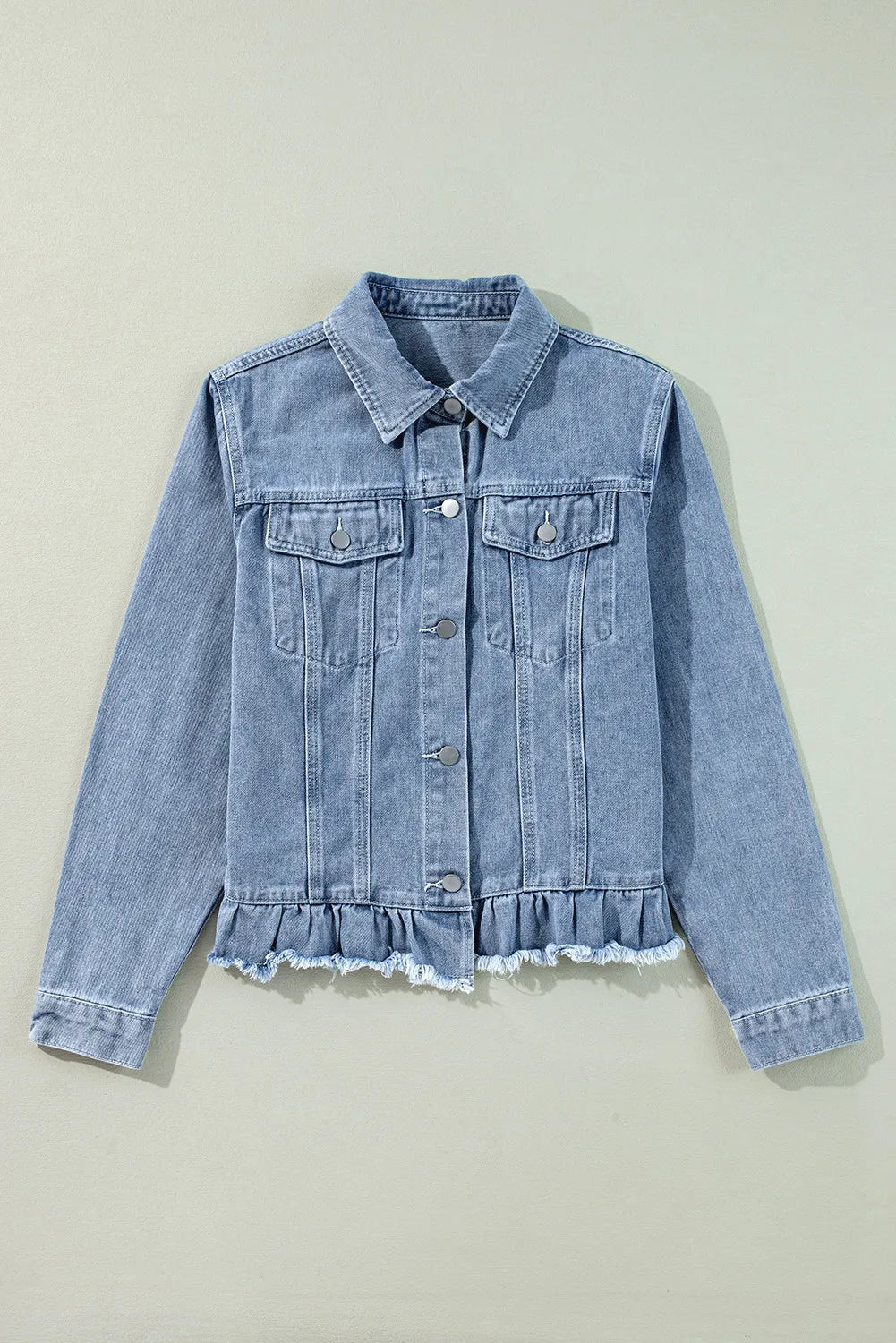 Get trendy with Raw Hem Long Sleeve Denim Jacket - Denim Jacket available at Styles Code. Grab yours today!