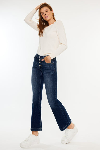 Get trendy with Kancan Mid Rise Button Fly Flare Jeans - Jeans available at Styles Code. Grab yours today!