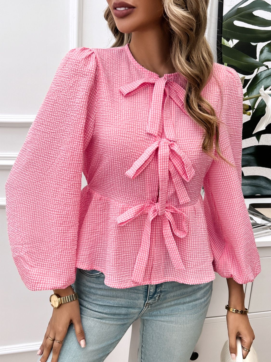 Get trendy with Devine Tied Round Neck Long Sleeve Blouse -  available at Styles Code. Grab yours today!