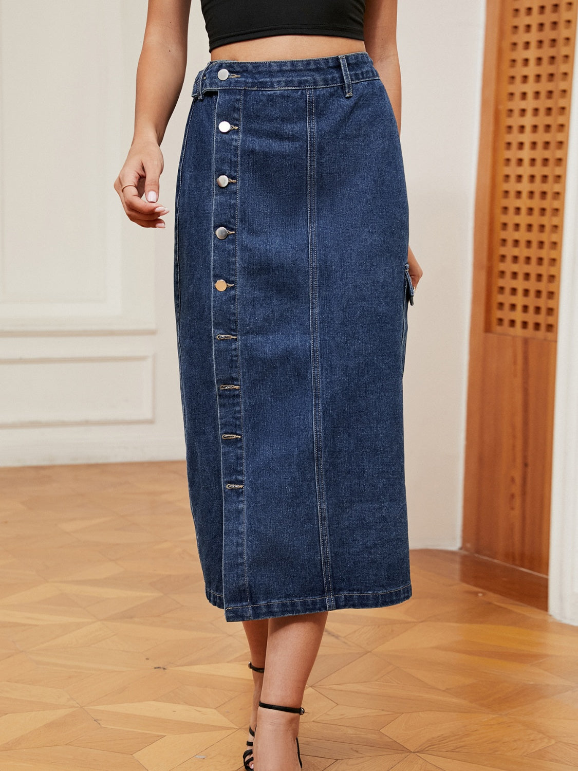 Get trendy with Button Down Midi Denim Skirt - Skirts available at Styles Code. Grab yours today!