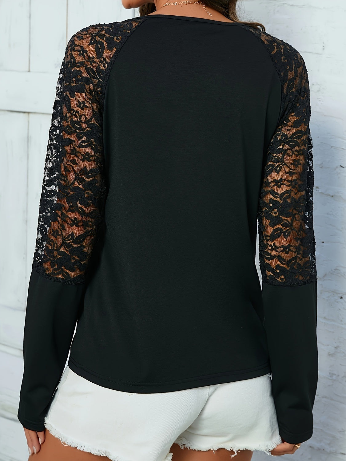 Get trendy with Lace Notched Long Sleeve Blouse - Blouse available at Styles Code. Grab yours today!