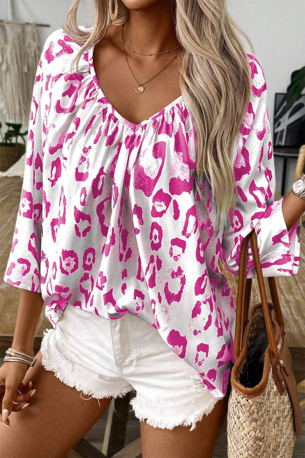 Get trendy with V-Neck Three-Quarter Sleeve Blouse - Blouse available at Styles Code. Grab yours today!