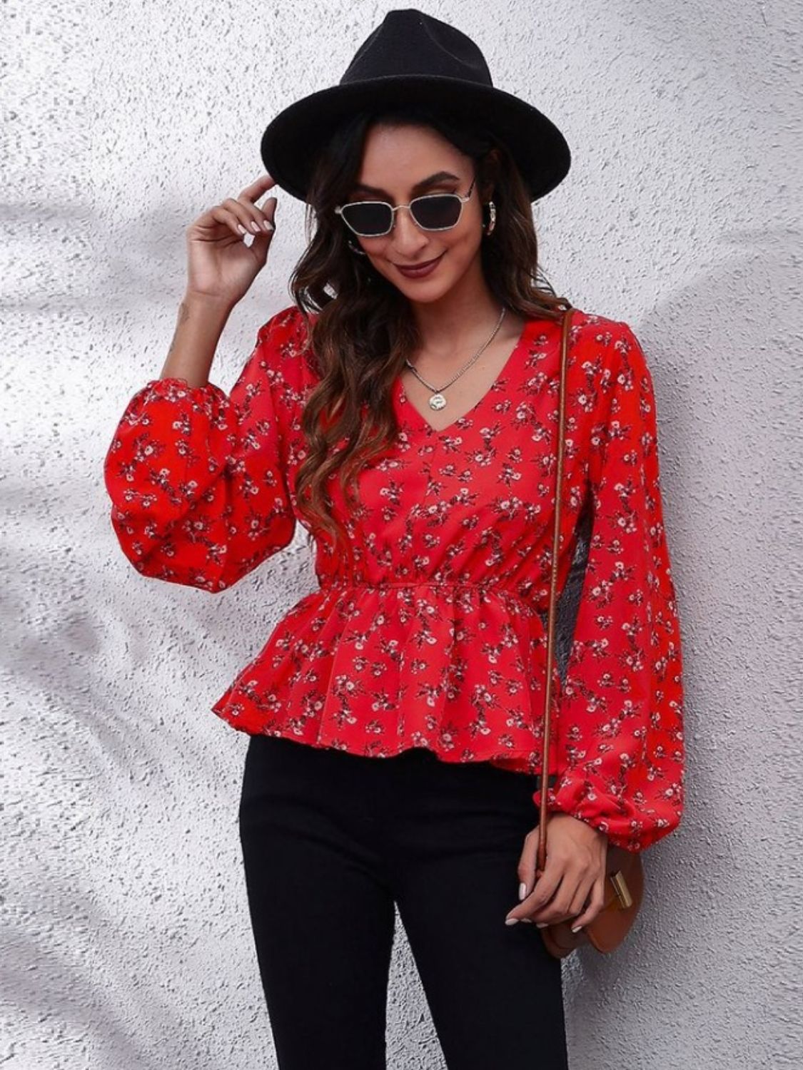 Get trendy with Ruched Printed V-Neck Long Sleeve Blouse - Blouse available at Styles Code. Grab yours today!