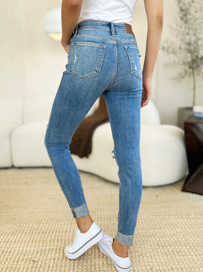 Get trendy with Judy Blue Full Size Mid Rise Destroy & Cuff Skinny Jeans -  available at Styles Code. Grab yours today!