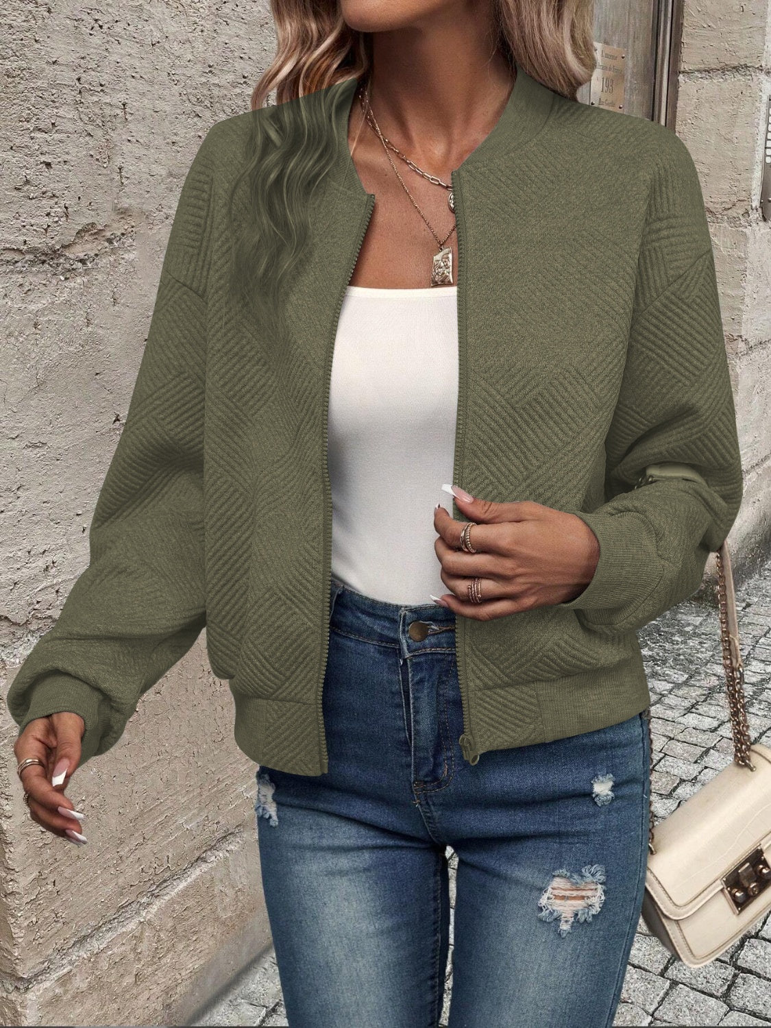 Get trendy with Textured Zip Up Long Sleeve Jacket - Jackets available at Styles Code. Grab yours today!