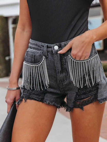 Get trendy with Distressed Fringe Denim Shorts with Pockets - Denim Shorts available at Styles Code. Grab yours today!