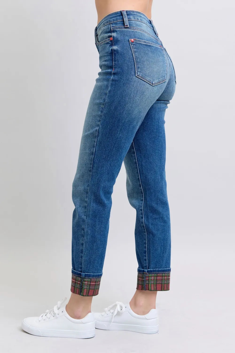 Get trendy with Plaid Print Cuff Straight Leg Jeans - Jeans available at Styles Code. Grab yours today!