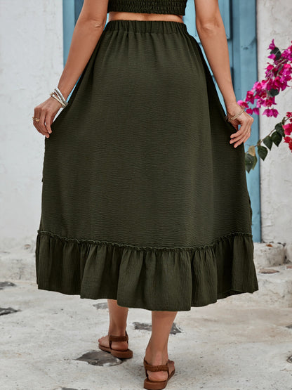 Get trendy with Honey Ruffled Elastic Waist Midi Skirt - Skirts available at Styles Code. Grab yours today!