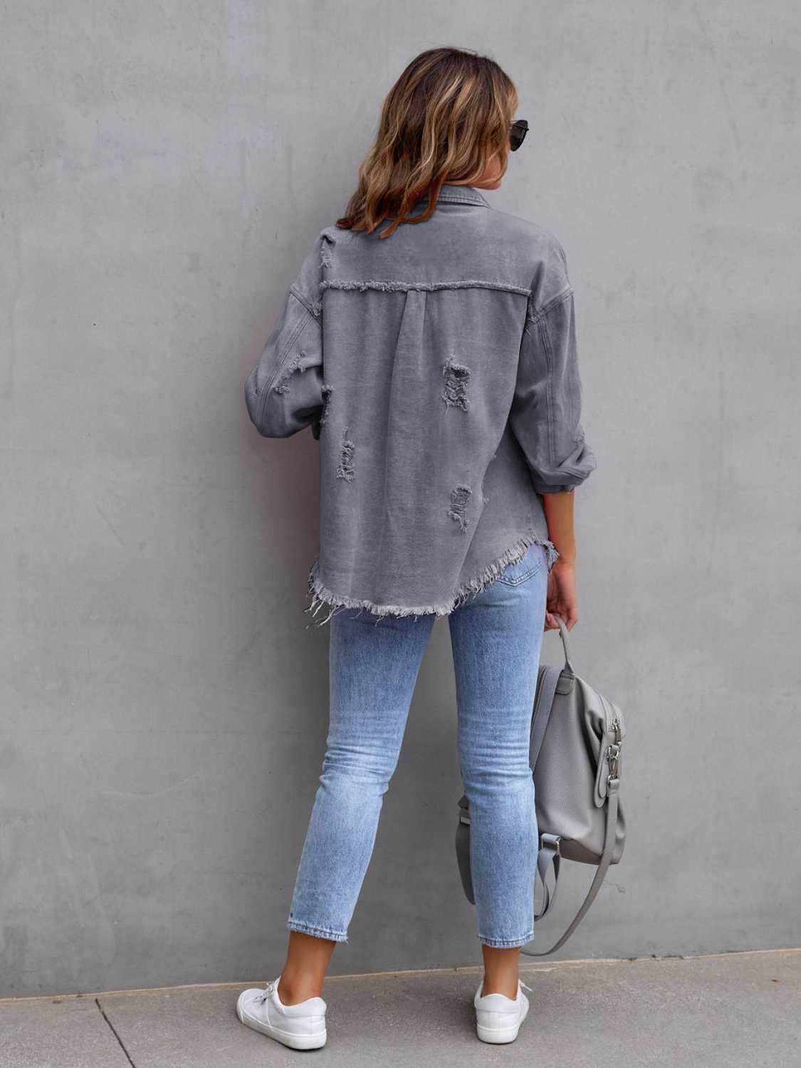 Get trendy with Distressed Drop Shoulder Denim Jacket - Denim Jacket available at Styles Code. Grab yours today!