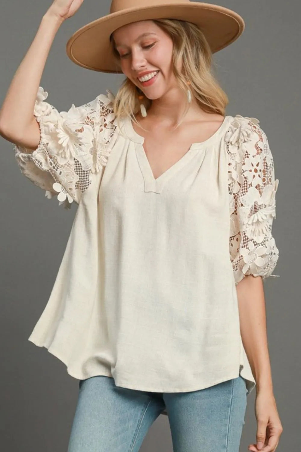 Get trendy with Boxy Cut Top with 3D Floral Sleeve Plus Size - Top available at Styles Code. Grab yours today!