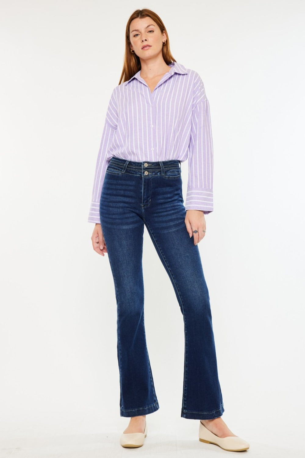 Get trendy with Kancan High Rise Double Waistband Flare Jeans - Jeans available at Styles Code. Grab yours today!