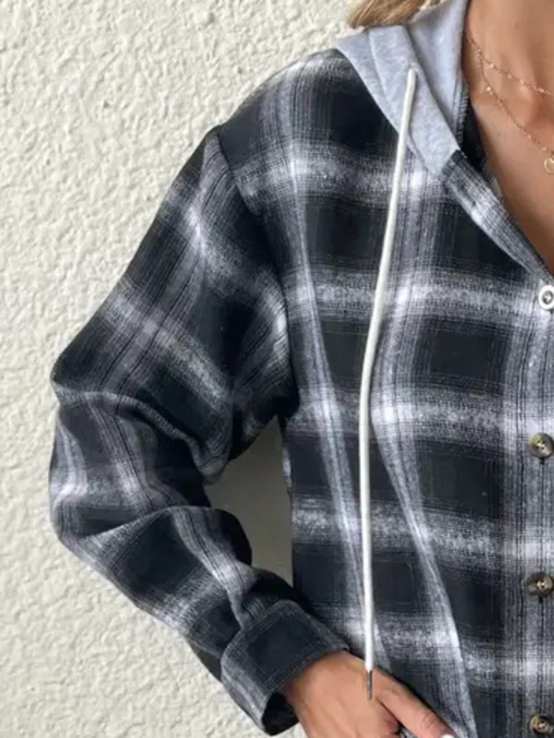 Get trendy with Plaid Drawstring Button Up Hooded Jacket - Jackets available at Styles Code. Grab yours today!