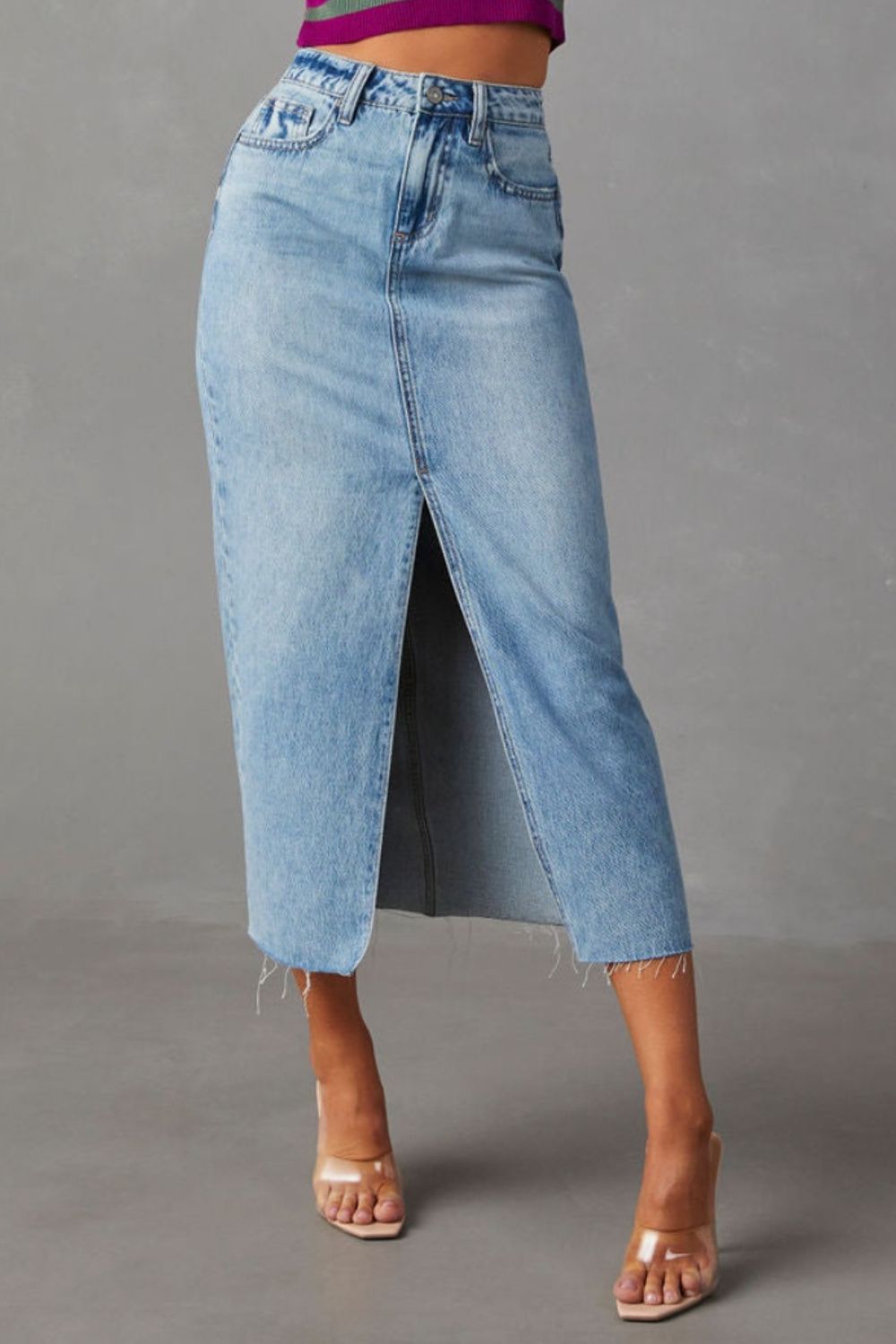 Get trendy with Slit Raw Hem Midi Denim Skirt -  available at Styles Code. Grab yours today!