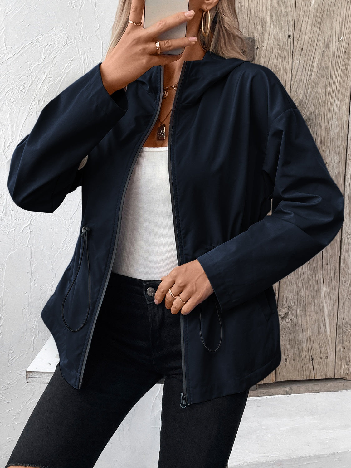 Get trendy with Drawstring Zip Up Hooded Jacket - Jacket available at Styles Code. Grab yours today!