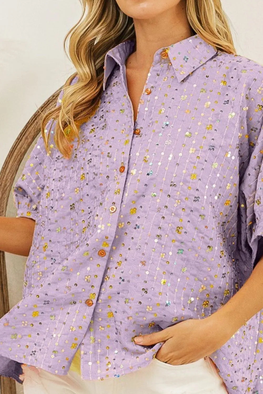 Get trendy with Sequin Dolman Sleeve Shirt - Shirt available at Styles Code. Grab yours today!