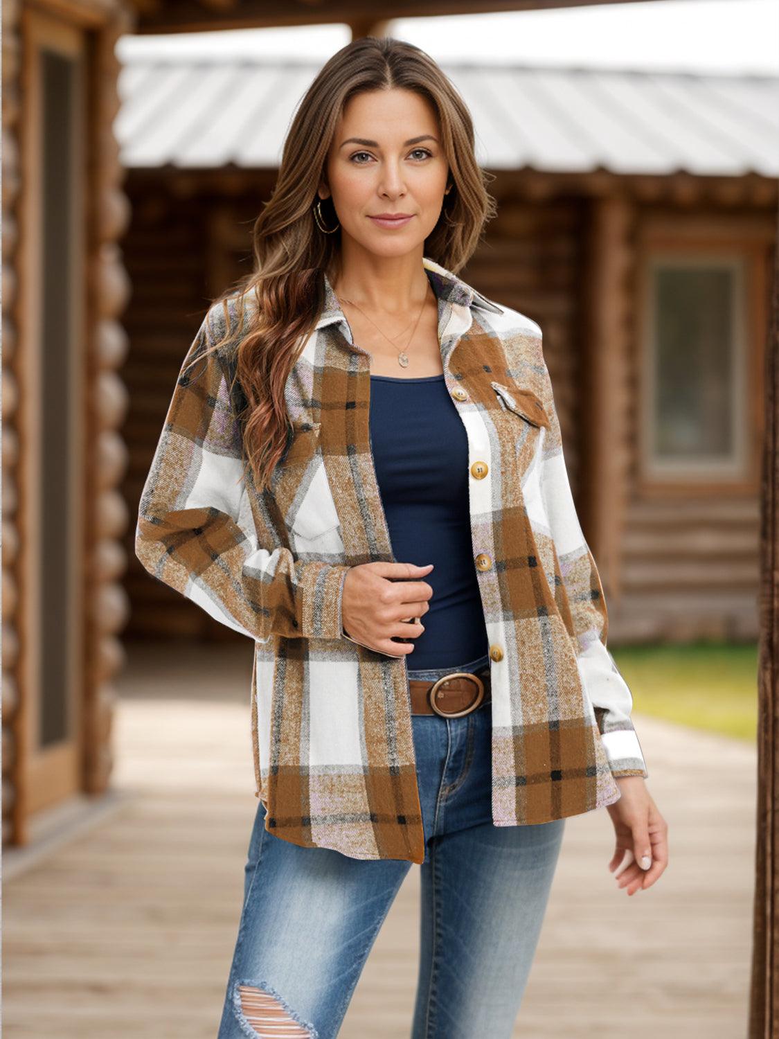 Get trendy with Full Size Pocketed Plaid Collared Neck Shacket -  available at Styles Code. Grab yours today!