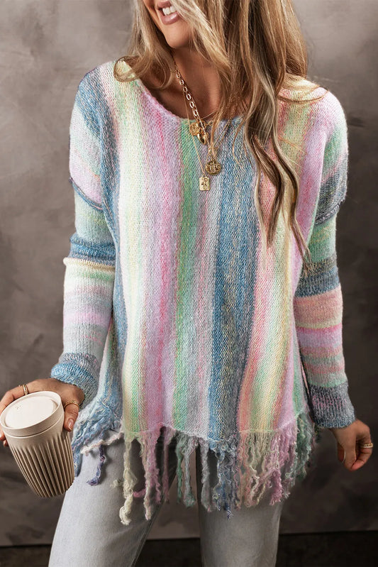 Get trendy with Fringe Color Block Round Neck Sweater -  available at Styles Code. Grab yours today!