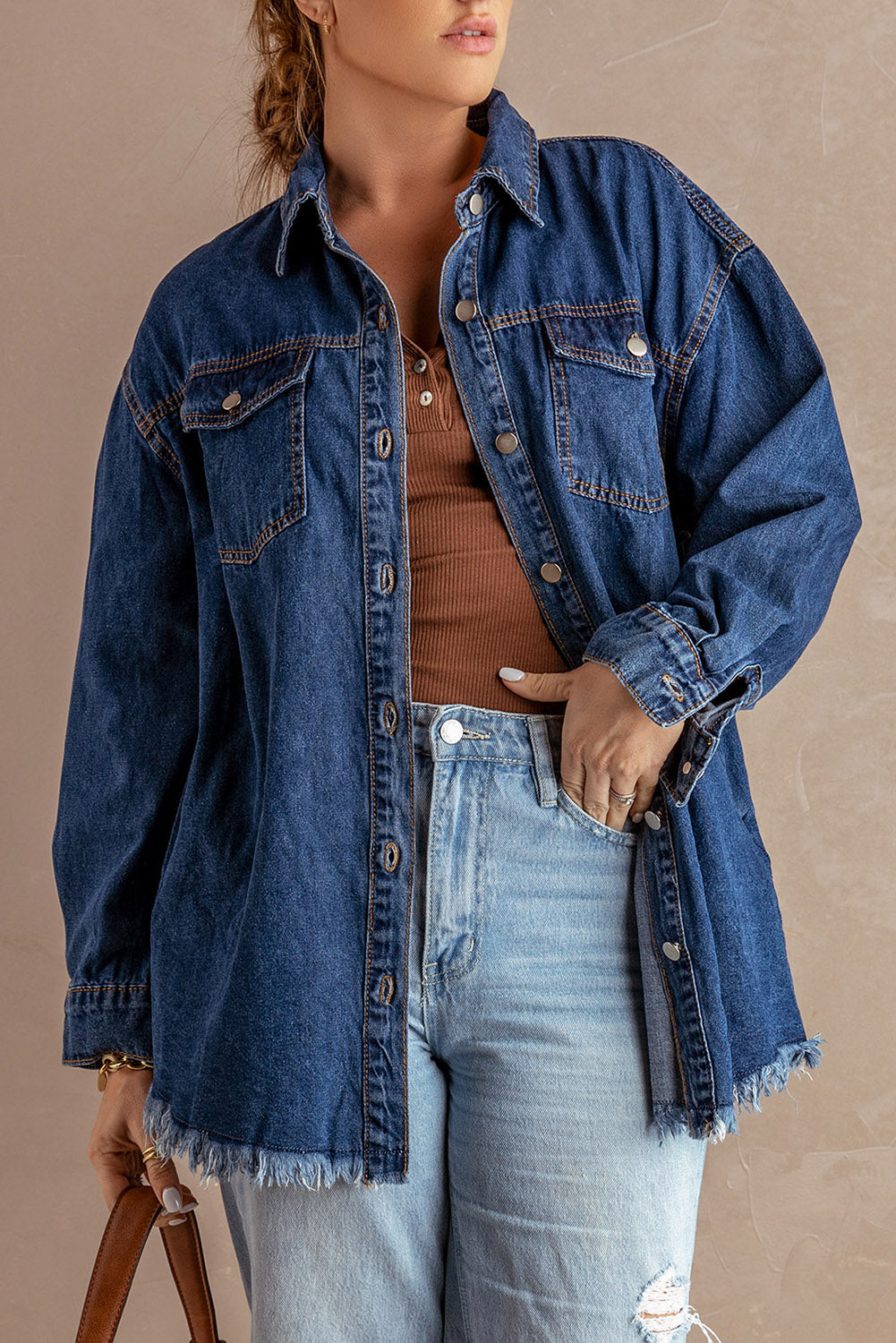 Get trendy with Button Up Pocketed Raw Hem Denim Jacket - Denim Jacket available at Styles Code. Grab yours today!