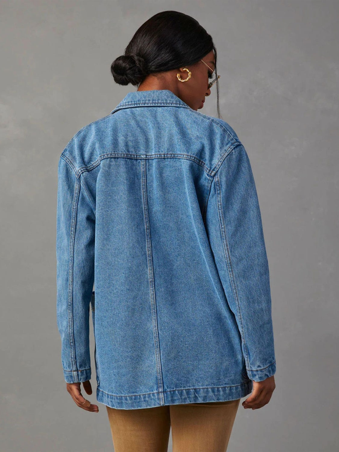 Get trendy with Collared Neck Long Sleeve Denim Jacket - Denim Jacket available at Styles Code. Grab yours today!