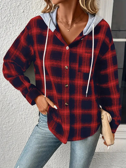 Get trendy with Plaid Drawstring Button Up Hooded Jacket - Jackets available at Styles Code. Grab yours today!